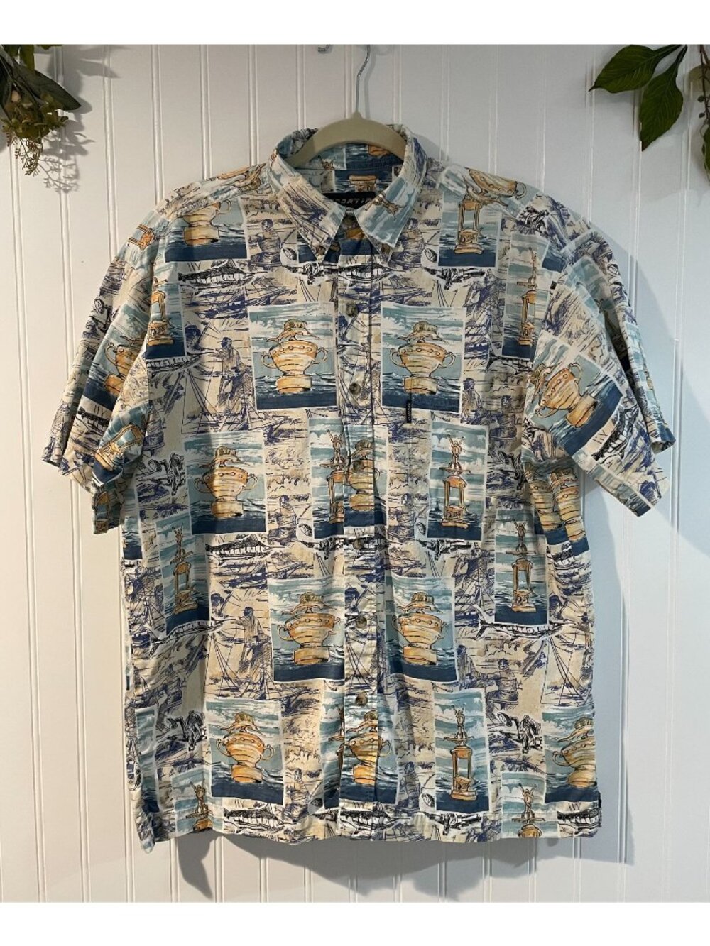 Sportif Mens Nautical Print Short Sleeve Button-Up Shirt 100% Cotton Size M